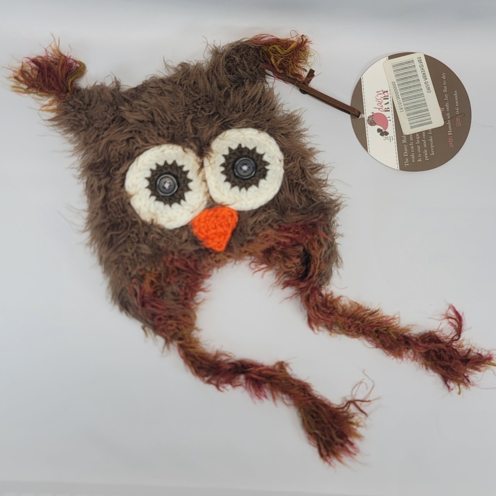 Owl Baby Hat With Tassels‎ Fuzzy Brown Crochet Eyes 0-6 months